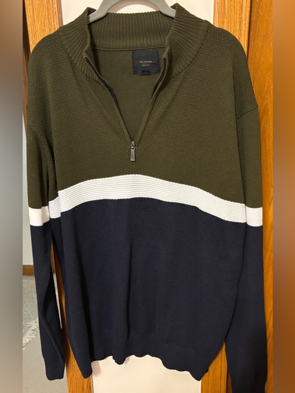 Club Monaco Olive & Navy Zip-Up Sweater with White Stripe